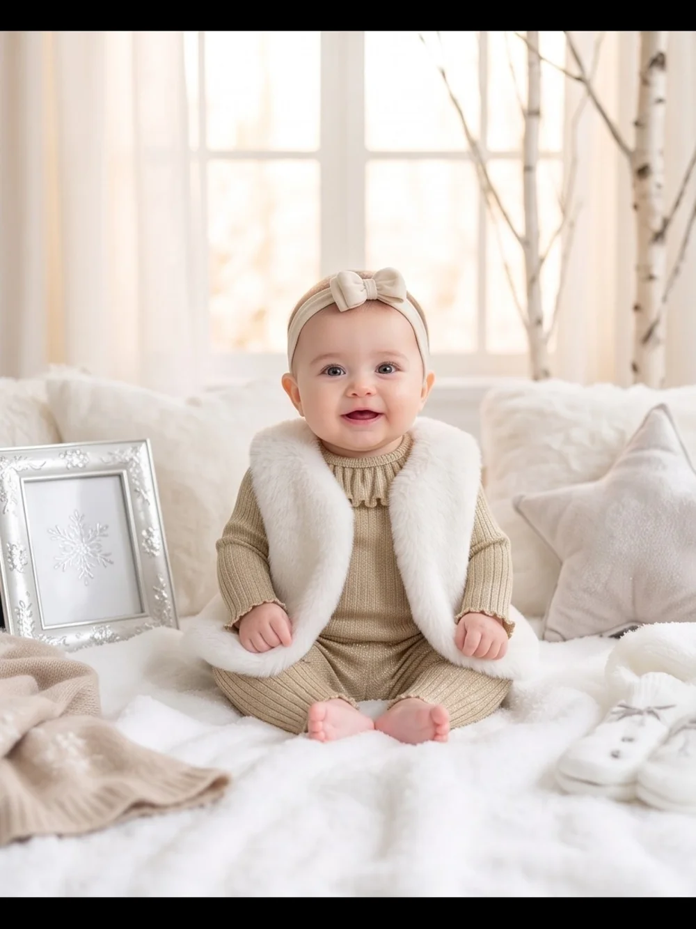 3 pcs Kids Matching Set with Cream Vest and Tan Ribbed Knit